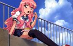  food louise_francoise_le_blanc_de_la_valliere pink_eyes pink_hair seifuku skirt thigh-highs zero_no_tsukaima 