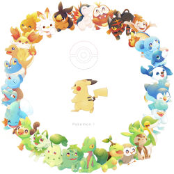  26tumugi absurdres bulbasaur charmander chespin chikorita chimchar copyright_name cyndaquil fennekin fiery_tail fire flame-tipped_tail froakie fuecoco grookey happy highres litten mudkip no_humans one_eye_closed open_mouth oshawott pikachu piplup pokemon pokemon_(creature) popplio quaxly rowlet scorbunny sharp_teeth simple_background sitting smile snivy sobble sprigatito squirtle starter_pokemon_trio tail teeth tepig torchic totodile treecko turtwig walking white_background 