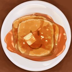  absurdres butter character-themed_food commentary english_commentary food food_focus from_above highres himochuu maple_syrup no_humans painterly pancake pancake_stack plate roblox syrup 