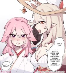  alice_(genshin_impact) animal_ears bare_shoulders blush breasts closed_mouth dress floppy_ears fox_ears genshin_impact long_hair multiple_girls nonons open_mouth pink_hair simple_background violet_eyes white_background yae_miko 