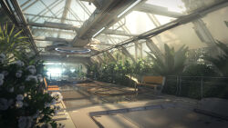  bench black_surge_night bridge bush cable chinese_commentary conservatory day flower glass_ceiling highres indoors mangshuo no_humans official_art plant railing scenery science_fiction sunlight suspension_bridge white_flower window_shadow 