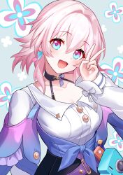  1girl aqua_eyes blush collarbone collared_shirt hair_between_eyes hair_ornament highres honkai:_star_rail honkai_(series) kiki-yu looking_at_viewer march_7th_(honkai:_star_rail) medium_hair multicolored_eyes open_mouth pink_eyes pink_hair shirt smile solo two-tone_eyes upper_body v white_shirt 