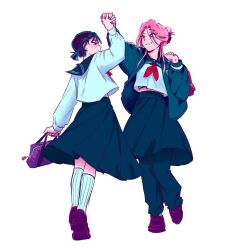  2girls alien_stage alternate_costume bag black_pants black_sailor_collar black_shirt black_skirt br3adhouse brown_shoes claw_hair_clip commentary dancing earrings green_jacket hair_bun hair_ornament hairclip hashtag-only_commentary highres holding holding_bag holding_hands jacket jewelry loafers long_sleeves mizi_(alien_stage) multiple_girls neckerchief pants pants_under_skirt ponytail purple_bag red_neckerchief sailor_collar school_uniform shirt shoes short_ponytail skirt socks sua_(alien_stage) violet_eyes white_shirt white_socks yellow_eyes 