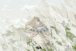  1girl absurdres black_shoes blonde_hair commentary highres long_hair long_sleeves looking_at_viewer looking_to_the_side original outdoors shoes skirt solo squatting sugarlisu sweater symbol-only_commentary white_skirt 