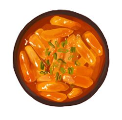  bowl chopped_spring_onion commentary english_commentary food food_focus from_above highres himochuu no_humans original painterly simple_background soup tteokbokki white_background 