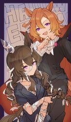  2girls admire_vega_(umamusume) alternate_hairstyle amano_(amano_miko) animal_ears ascot bandaged_chest bandages black_cape braid breasts brown_hair cape closed_mouth ear_covers fang hair_between_eyes halloween halloween_costume happy_halloween high_collar highres horse_ears horse_girl horse_tail long_hair long_sleeves looking_at_viewer multiple_girls open_mouth orange_hair pink_eyes short_sleeves single_ear_cover sketch small_breasts t.m._opera_o_(umamusume) tail twin_braids umamusume vampire_costume violet_eyes white_ascot 