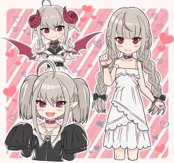  1girl ahoge bare_shoulders belt_collar black_jacket black_ribbon black_undershirt blunt_bangs blush_stickers border bracelet braid choker closed_mouth collar collarbone cropped_legs cropped_torso curled_horns demon_horns demon_wings double_v dress dyed_ahoge fang gloves grey_hair hair_between_eyes hair_ribbon hand_up hands_up heart highres horns jacket jewelry kenshin_(kenshin3) lace_trim long_hair looking_at_viewer low_twin_braids makaino_ririmu makaino_ririmu_(1st_costume) makaino_ririmu_(2nd_costume) makaino_ririmu_(3rd_costume) medium_hair multicolored_hair necklace nijisanji off-shoulder_dress off-shoulder_jacket off_shoulder open_mouth outside_border pink_background pixie_cut pointy_ears red_collar red_eyes red_hair red_horns red_wings ribbon shirt_under_dress short_hair sidelocks skin_fang sleeveless sleeveless_dress sleeves_past_fingers sleeves_past_wrists smile strap_slip streaked_hair sundress text_background twin_braids twintails v virtual_youtuber w_arms white_border white_dress white_gloves wings zipper 