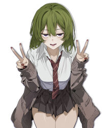  1girl absurdres ai-assisted brown_coat brown_skirt chinese_commentary coat commentary_request dated_commentary double_v grey_hair hair_between_eyes highres jmx_(j_m_x) long_hair looking_at_viewer necktie open_mouth red_nails red_necktie shirt simple_background skirt solo sousou_no_frieren ubel_(sousou_no_frieren) v violet_eyes white_background white_shirt 