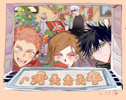  1girl 3boys :d baking baking_sheet black_hair brown_hair christmas_ornaments christmas_stocking christmas_tree christmas_wreath closed_mouth cookie facial_mark food fushiguro_megumi gift gojou_satoru green_eyes high_collar holding indoors itadori_yuuji jujutsu_kaisen kugisaki_nobara multiple_boys open_mouth orange_eyes oven pink_hair qyzhiaiyisheng short_hair smile snowman spiky_hair swept_bangs undercut white_hair wreath yellow_eyes 