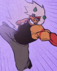  1girl abs alternate_costume breasts broken_horn colored_skin dreamscreep gem green_horns highres horns jasper_(post-fragments)_(steven_universe) jasper_(steven_universe) long_hair looking_at_viewer muscular muscular_female orange_skin smile solo steven_universe steven_universe:_future very_long_hair white_hair yellow_eyes 