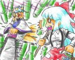  2girls bamboo bamboo_forest bit blue_hair chainsaw fish fishing_rod forest fox_tail frog fujiwara_no_mokou hair_ribbon long_hair multiple_girls multiple_tails nature red_eyes ribbon sharp_teeth short_hair surprised suspenders tail touhou yakumo_ran 