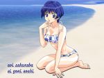  1600x1200 beach bikini blue_eyes blue_hair highres kneeling sakuraba_aoi short_hair swimsuit wallpaper 
