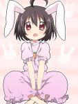  1girl ahoge animal_ears bad_id black_hair bunny_ears inaba_tewi indian_style jewelry maruki_(punchiki) open_mouth pendant rabbit_ears red_eyes short_hair sitting stare touhou v_arms 