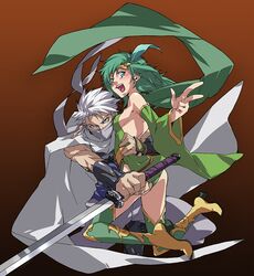  :d armor bad_id blush boots breasts cape dress edward_geraldine final_fantasy final_fantasy_iv green_eyes green_hair grey_eyes koma long_hair mask ninja open_mouth rydia silver_hair smile sword weapon 