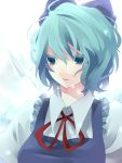  aqua_hair bad_id blue_eyes blue_hair bow bust cirno colored_eyelashes crystal expressionless eyelashes face hair_bow highres hiz_(pixiv) ice neck_ribbon ribbon short_hair teenage touhou 