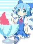  1girl arm_support bad_id blue_eyes blue_hair blush bow cirno eating food hair_bow maruki_(punchiki) shaved_ice sitting solo touhou wings 