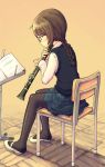  brown_hair clarinet glasses instrument instruments kimarin music_stand original pantyhose school_uniform sitting skirt 