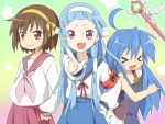  3girls ahoge bad_id blue_hair brown_hair cosplay costume_switch hair_tubes hirano_aya izumi_konata kannagi long_hair lucky_star maruki_(punchiki) multiple_girls nagi nagi_(cosplay) school_uniform seiyuu_connection serafuku short_hair suzumiya_haruhi suzumiya_haruhi_(cosplay) suzumiya_haruhi_no_yuuutsu 