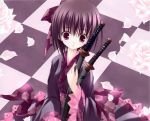  brown_hair duel_dolls flower highres japanese_clothes petals pink_eyes sheath sheathed sword tinker_bell weapon 