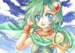  blush cape child cuffs final_fantasy final_fantasy_iv flat_chest green_eyes green_hair hair_ornament jewelry long_hair necklace rydia sayaka_mako smile solo young 