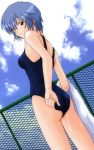  ayanami_rei blue_hair buzzer chainlink_fence cloud clouds fence highres neon_genesis_evangelion one-piece_swimsuit red_eyes school_swimsuit short_hair sky swimsuit towel wet 