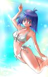  amelia_wil_tesla_seyruun aqua_background bikini blue_eyes purple_hair short_hair shuniku_(pixiv88174) slayers solo splash swimsuit white_bikini 