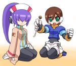  2girls aile blush brown_hair green_eyes hair_over_eyes kneeling mimikaki multiple_girls pantyhose ponytail purple_hair rockman rockman_zx rose_(rockman_zx) seiza shigehiro_(artist) short_hair sitting smile 