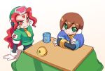  2girls aile brown_hair facial_mark forehead_mark green_eyes kotatsu multiple_girls red_eyes red_hair redhead rockman rockman_zx shigehiro_(artist) short_hair smile table 