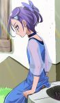  1girl bow choker dokidoki!_precure hair_bow hair_ornament haruyama heart_hair_ornament kenzaki_makoto precure profile purple_hair short_hair sitting solo violet_eyes 