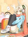  blush boots char cigarette face headphones kettle knee_hug laces leg_hug long_hair mess original ponytail scarf shoes shorts sitting smoking sneakers thigh-highs thighhighs yellow_eyes 