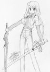  braid fate/stay_night fate_(series) himura_kiseki jacket jeans long_hair midriff monochrome single_braid sketch sword very_long_hair weapon 