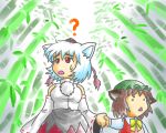  2girls ? animal_ears bamboo bamboo_forest bare_shoulders bit breasts cat_ears chen detached_sleeves eyebrows forest hat inubashiri_momiji multiple_girls nature open_mouth silver_hair thick_eyebrows tokin_hat touhou wolf_ears 