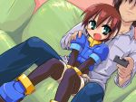  blush brown_hair covering fang green_eyes redrantem remote rockman rockman_zx short_hair tsundere 