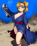  blonde_hair blue_eyes breasts brown_hair cleavage fan fishnets headband huge_breasts large_breasts legs naruto quad_tails short_hair solo sunagakure_symbol temari teriyaki 