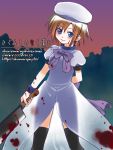  billhook blood blue_eyes bow brown_hair dress hat higurashi_no_naku_koro_ni kurarin ryuuguu_rena see-through short_hair thigh-highs thighhighs wristband yandere 