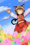  \o/ arms_up bowtie brown_hair cat_ears cat_tail chen closed_eyes cloud clouds earrings flower hair_flower hair_ornament highres jewelry midriff navel o/ outstretched_arms rotan short_hair sky smile tail touhou 