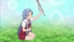  animated_gif bangs blue_hair blunt_bangs cap gif hairband kannagi long_hair lowres nagi school_uniform taiyaki wand 