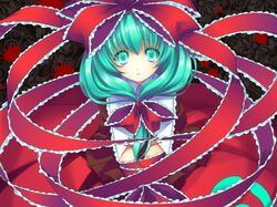  aqua_hair ayase_hazuki blood bound_wrists bow frills from_above front_ponytail hair_bow hair_ribbon kagiyama_hina long_hair looking_at_viewer looking_up ribbon sad touhou 