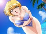  1girl beach bikini blonde_hair blush bracelet breast_hold breasts cleavage dutch_angle female game_cg happy jewelry jpeg_artifacts large_breasts leaning_forward matsuno_yuki midriff navel open_mouth palm_tree short_hair smile solo striped striped_bikini striped_swimsuit swimsuit tokimeki_check_in tree water yellow_eyes 