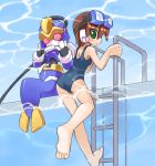  ass bare_shoulders barefoot blush blush_stickers brown_hair feet goggles green_eyes ladder looking_back lurerre mermaid monster_girl one-piece_swimsuit pool pool_ladder rockman rockman_zx school_swimsuit shigehiro_(artist) short_hair swimsuit underwater wading water 