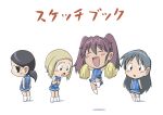  black_hair blonde_hair blue_hair cheerleader chibi closed_eyes jumping kajiwara_sora kuga_kokage long_hair mirakichi panties pantyshot ponytail purple_hair short_hair sketchbook_full_colors smile torikai_hazuki twintails underwear 