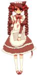  apron blush brown_hair cat_ears drill_hair long_hair original red_eyes ribbon ribbons socks tail waitress 