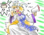  2girls :3 @_@ bamboo bamboo_forest bit chen clothes_writing fang forest fox_tail hat megaphone multiple_girls multiple_tails nature tail touhou translated yakumo_ran 