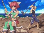  axe bare_shoulders blue_eyes boots brave_soul brown_hair cloud clouds fishing fishing_rod fur game_cg high_heels holding holding_fishing_rod marin_(brave_soul) midriff mogudan muscle navel outdoors ponytail red_hair redhead rock rocks rudy rudy_(brave_soul) shoes short_hair sitting skin_tight skirt sky tattoo thigh-highs thighhighs thighs water 