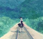  bag bare_shoulders black_hair dress hair_flip kumaori_jun original railroad short_hair smile wind 