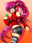  blush breasts cellphone chi_bame hair_ornament little_busters! little_busters!! long_hair midriff phone pink_hair ponytail purple_hair saigusa_haruka shorts side_ponytail striped striped_legwear striped_thighhighs thigh-highs thighhighs 