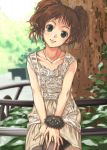  brown_hair green_eyes idolmaster mizuki_makoto sitting smile solo takatsuki_yayoi twintails 