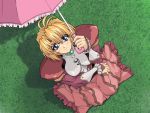  blonde_hair blue_eyes blush brave_soul caren_(brave_soul) dress dutch_angle erect_nipples frills from_above game_cg glasses grass looking_up mogudan outdoors shadow sitting skin_tight smile umbrella 