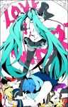  back blue_hair detached_sleeves green_hair hatsune_miku kagamine_len kagamine_rin kaito kl koi_wa_sensou_(vocaloid) long_hair megaphone meiko thigh-highs thighhighs twintails vocaloid zettai_ryouiki 