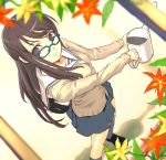  artist_request brown_eyes brown_hair from_above glasses leaf long_hair school_uniform serafuku skirt solo source_request watering_can 